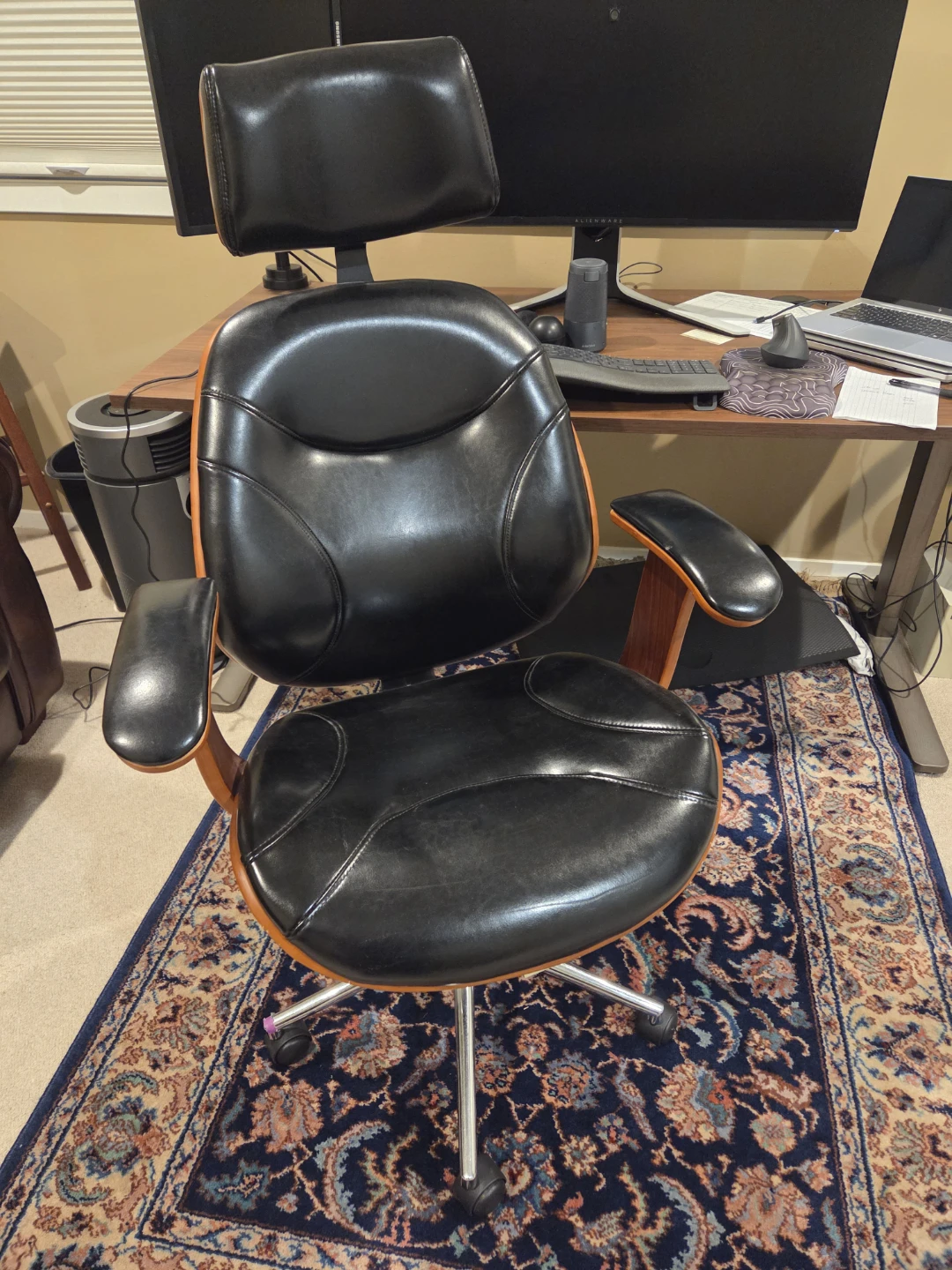 Office Chair - Black Leather & Wood Accent