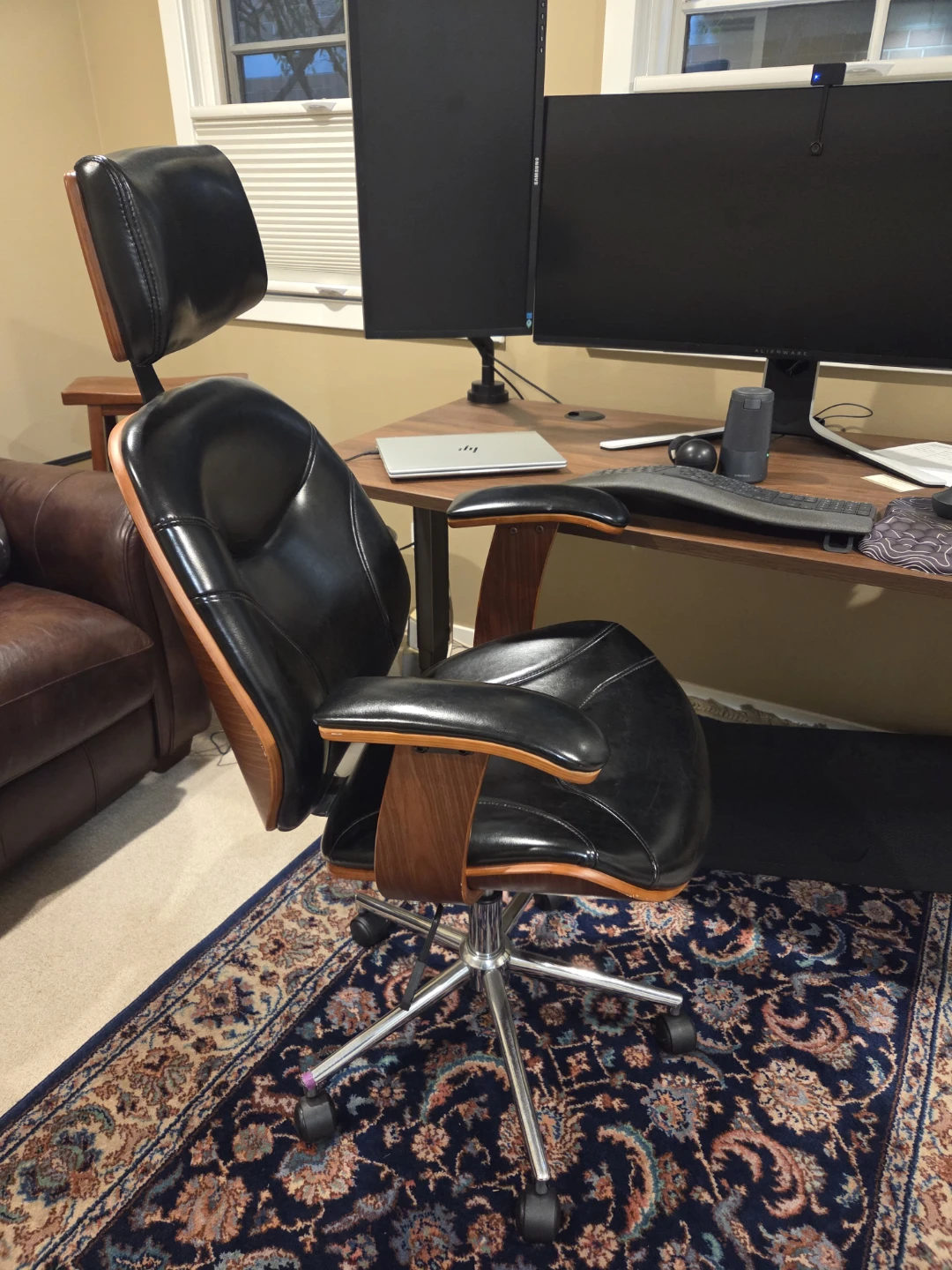 Office Chair - Black Leather & Wood Accent - photo 2