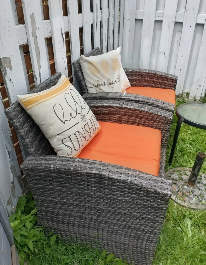 Set of 2 Grey Wicker Outdoor Chairs with Orange Cushions