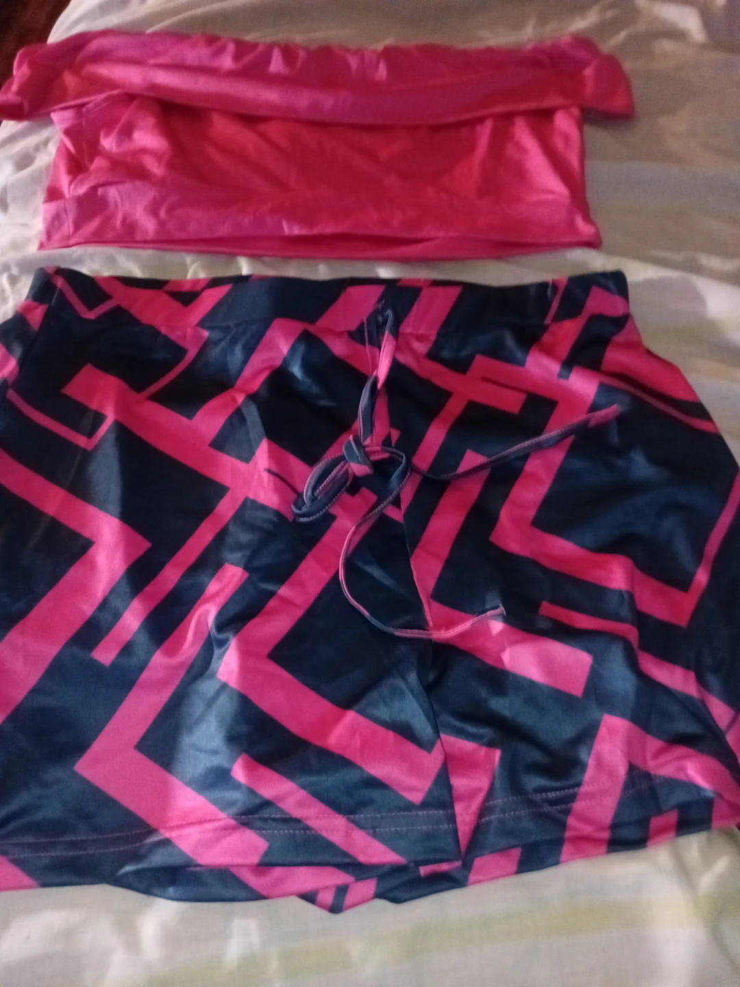 Pink and Blue Geometric Print Shorts with Ruffled Top Set - photo 5