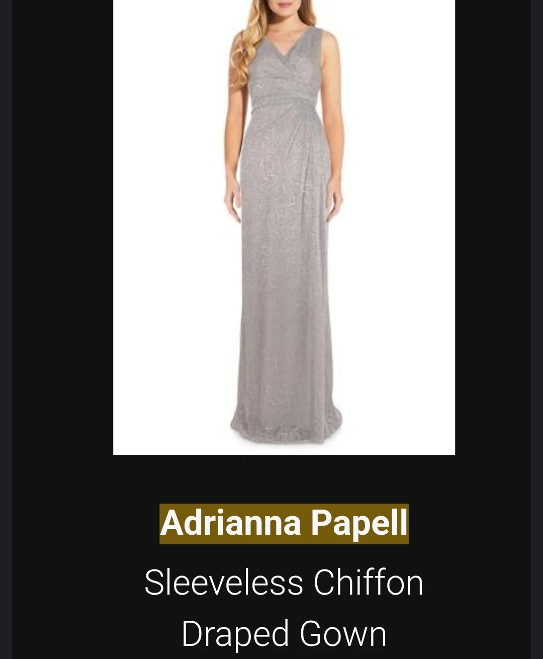 Adrianna Papell Silver Sleeveless Chiffon Draped Gown