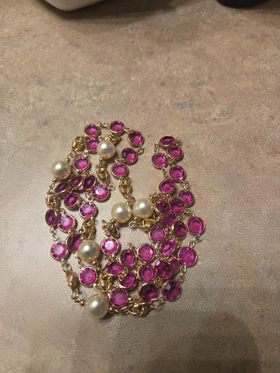 Gold Tone Necklace with Pink and Pearl Beads