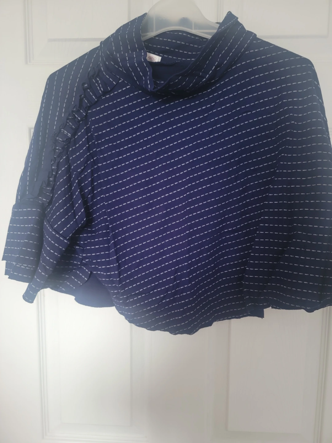 Navy Blue Striped Top with Ruffle Detail freesize