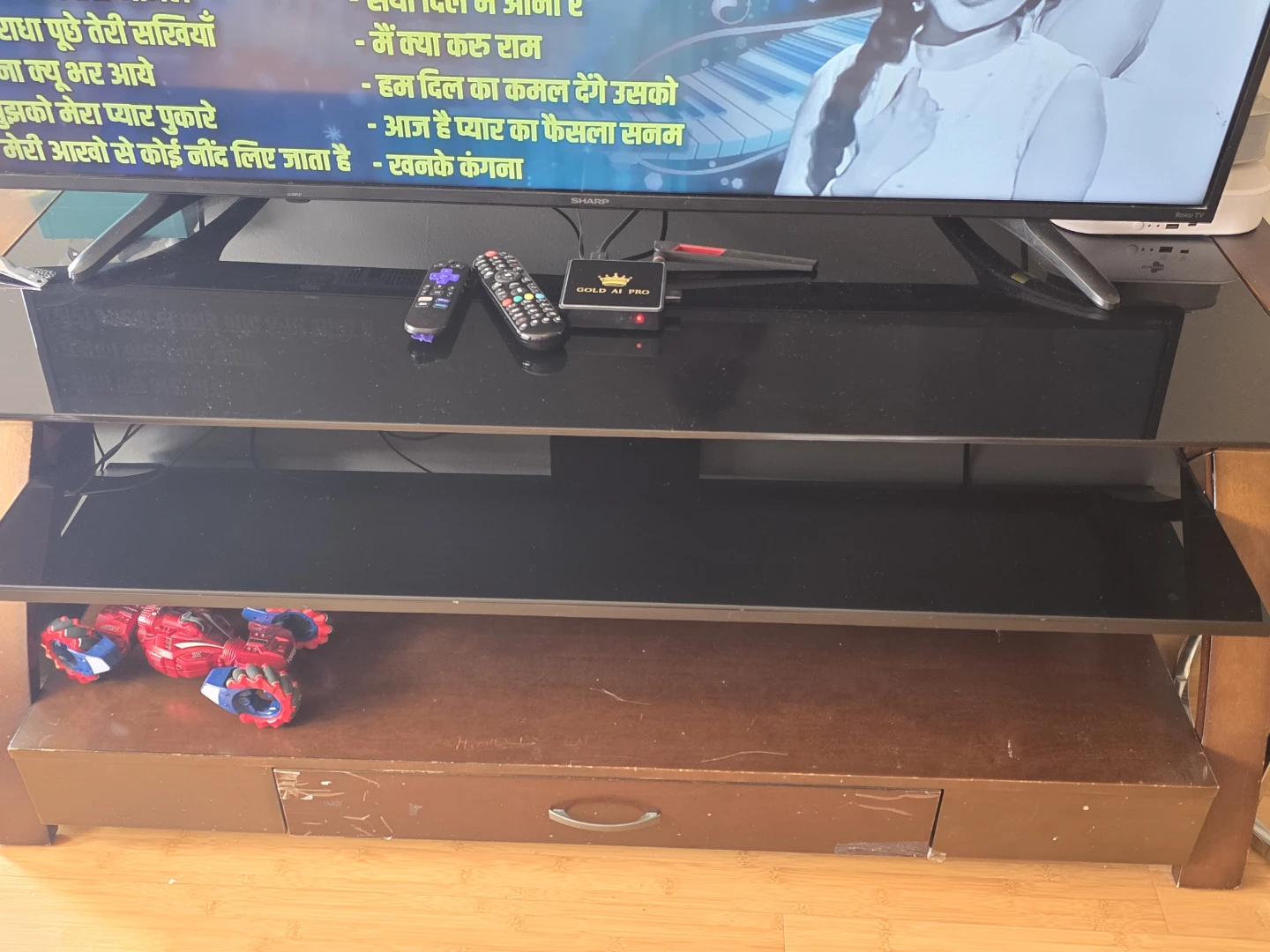 Dark Wood TV Stand with Glass Shelves