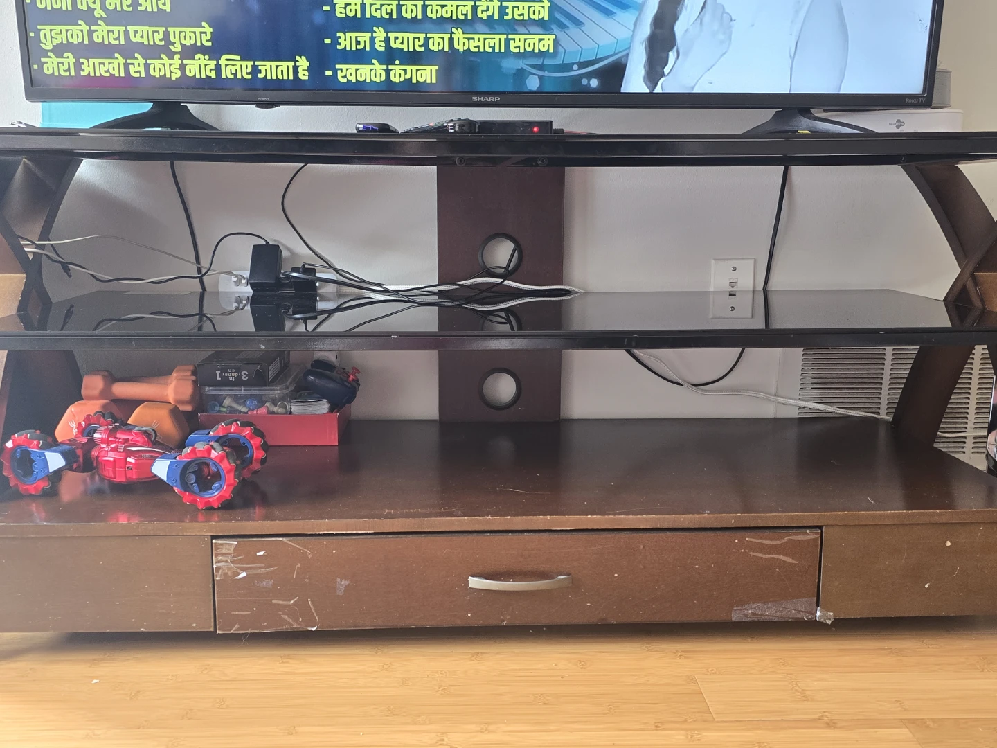 Dark Wood TV Stand with Glass Shelves - photo 2