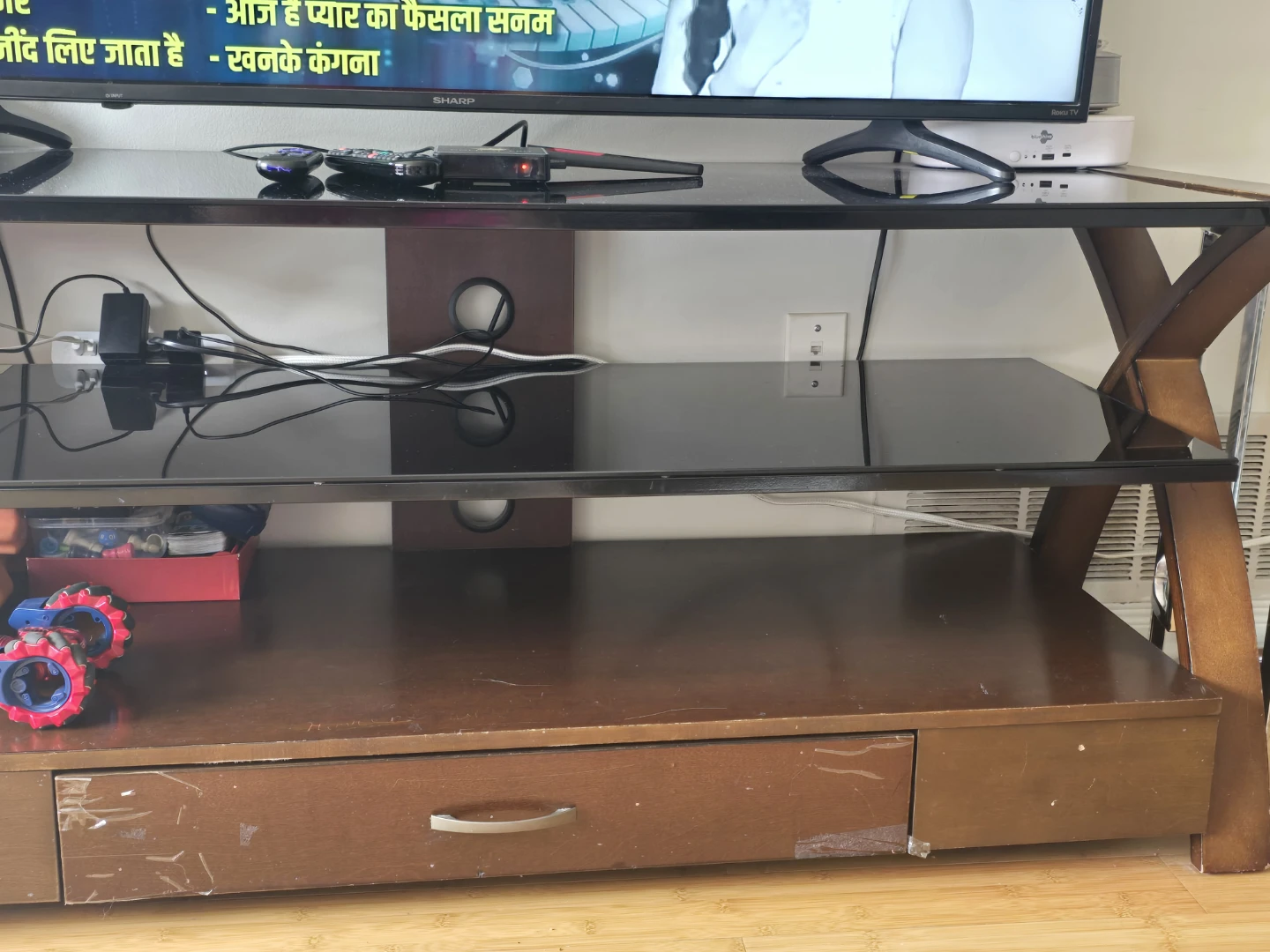 Dark Wood TV Stand with Glass Shelves - photo 3