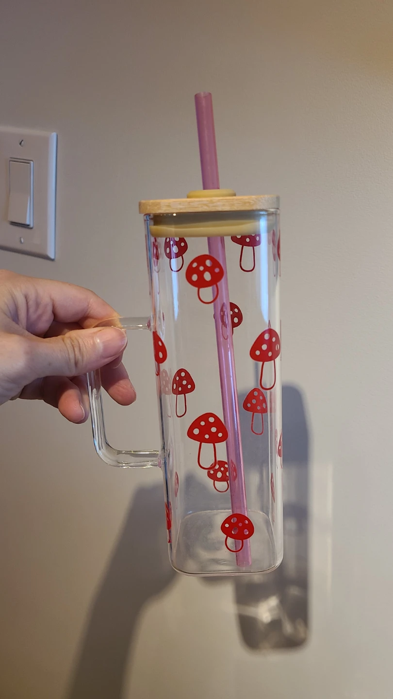 NEW Glass Tumbler with Mushroom Print and Straw