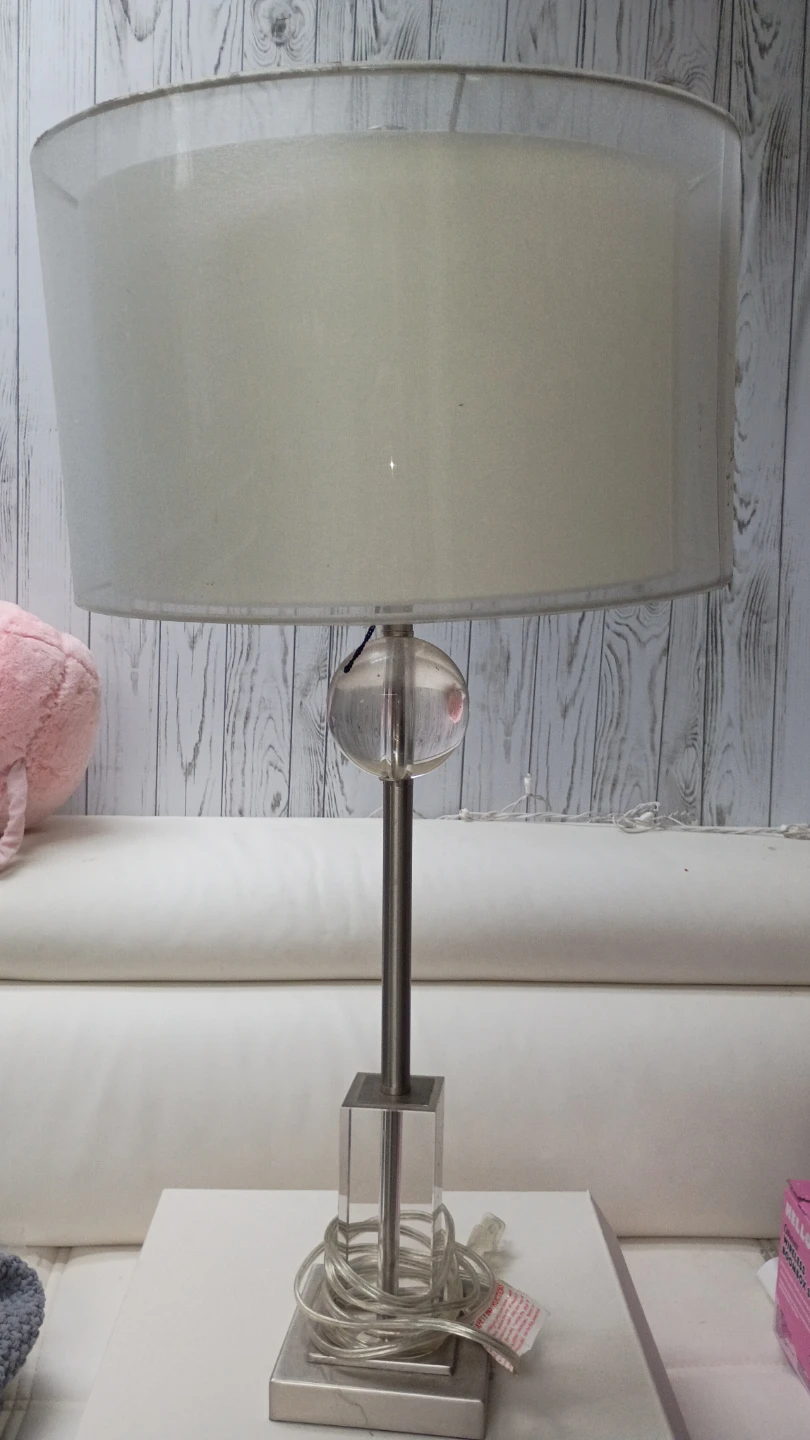 Clear Acrylic and Chrome Table Lamp with White Drum Shade
