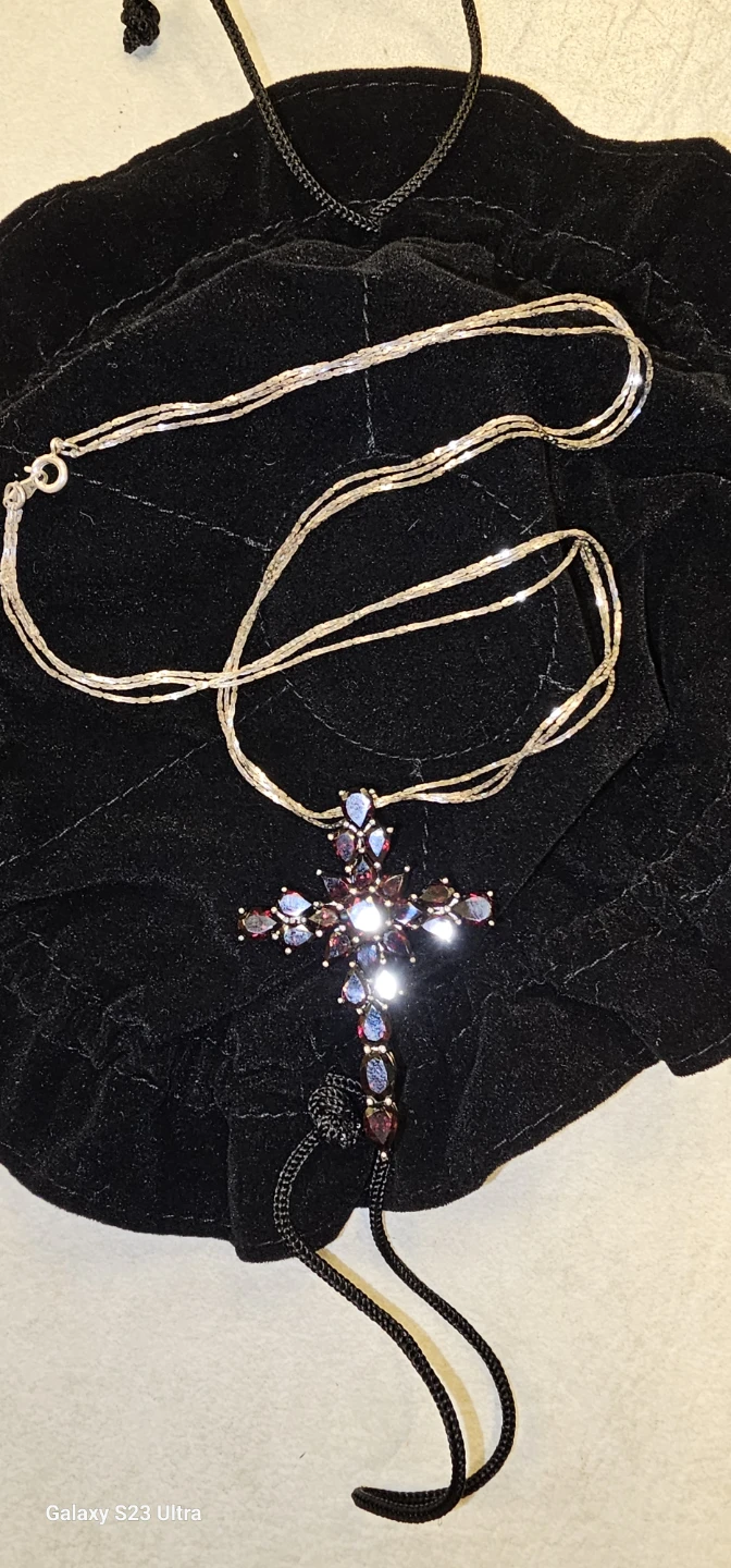 Silver Tone Cross Necklace with Garnet-like Stones - photo 3