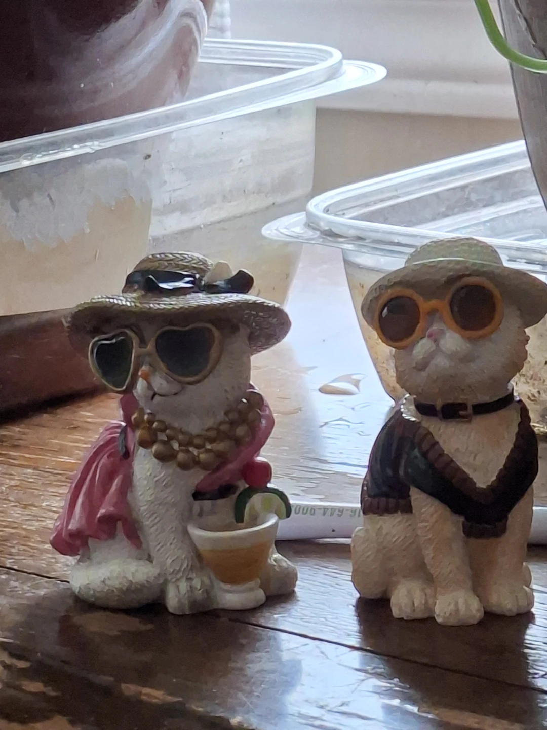 Two Decorative Cat Figurines with Hats and Sunglasses