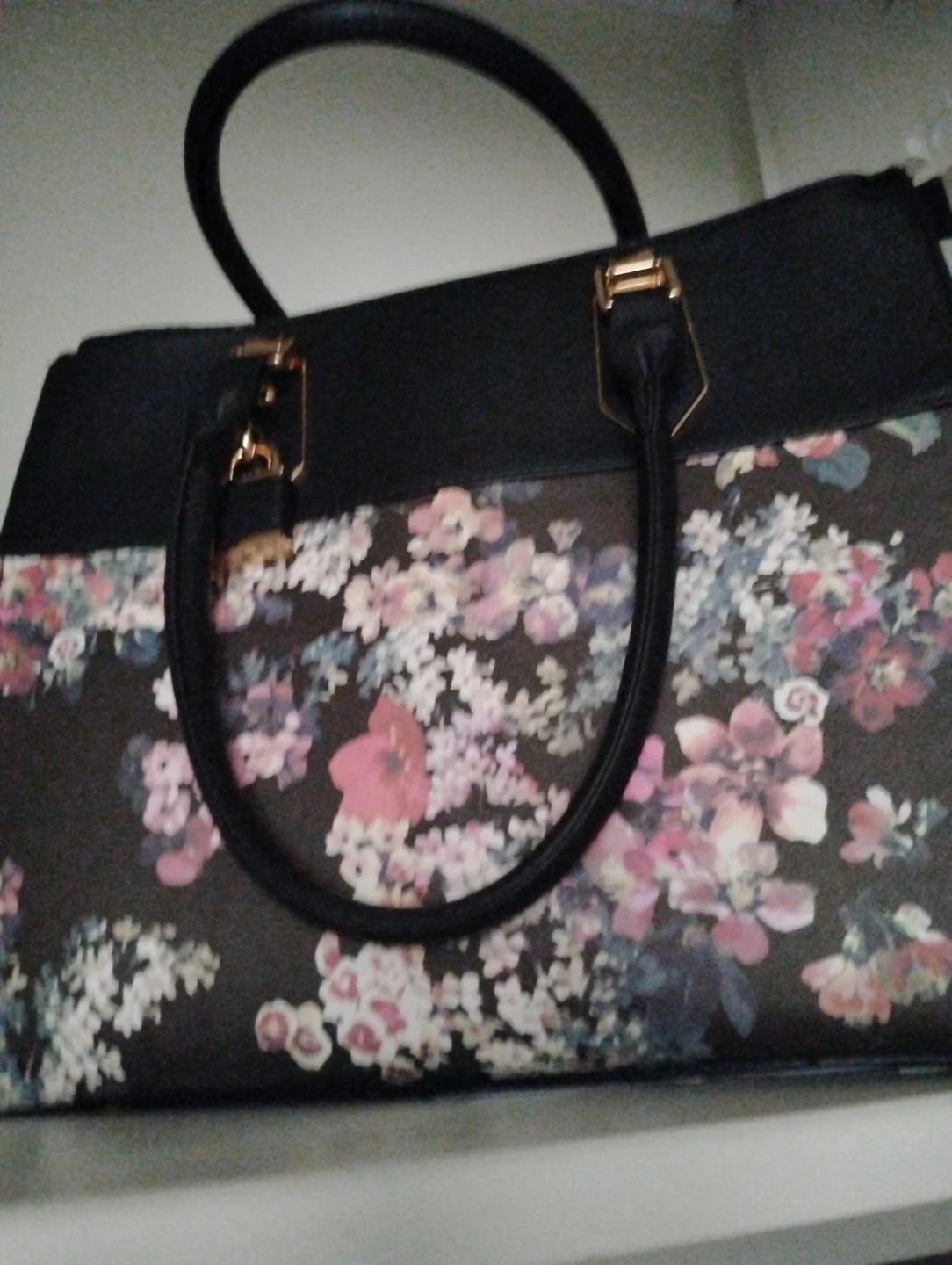 Black Floral Print Satchel Handbag