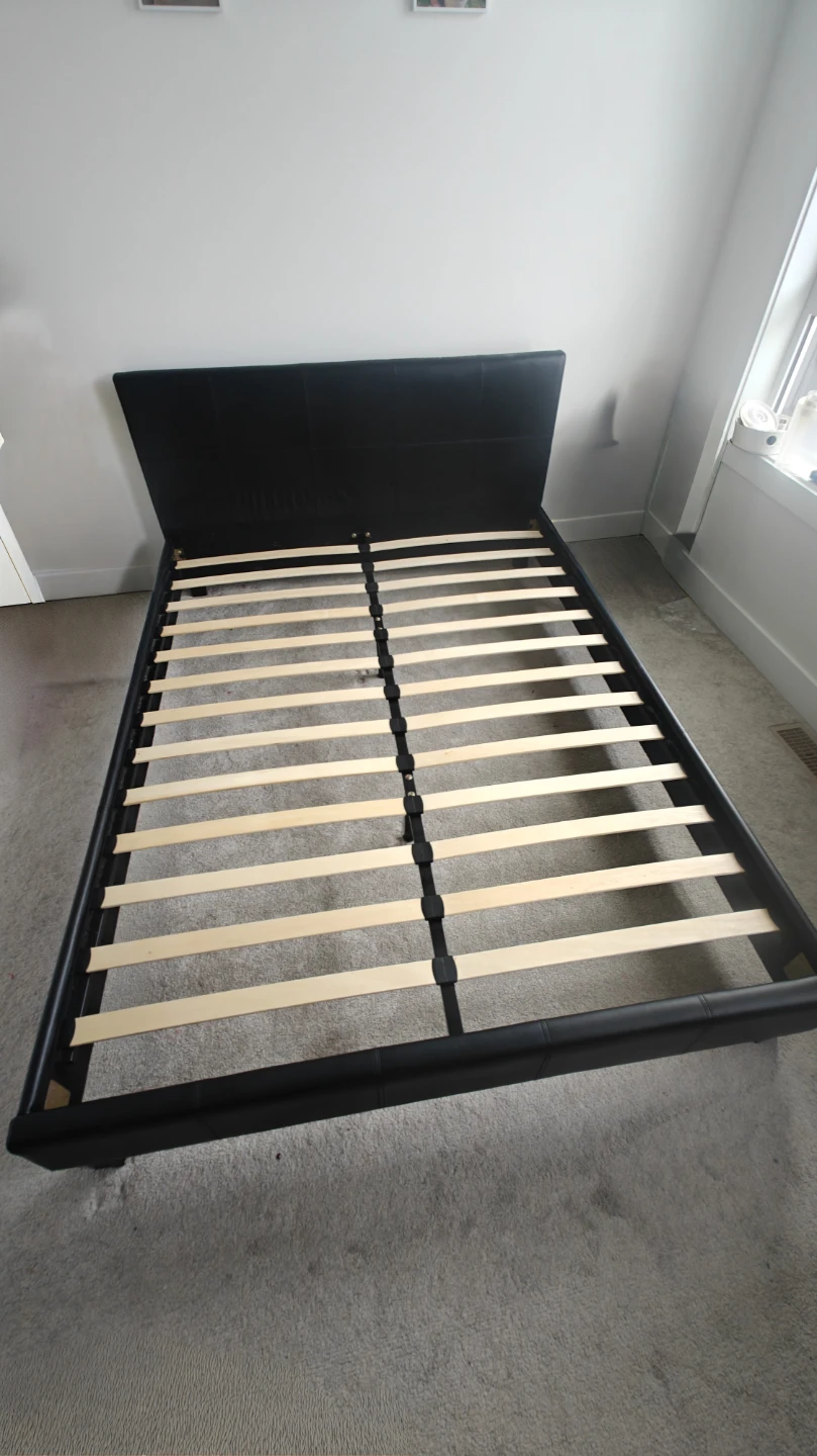Black Faux Leather Queen Bed Frame with Slats