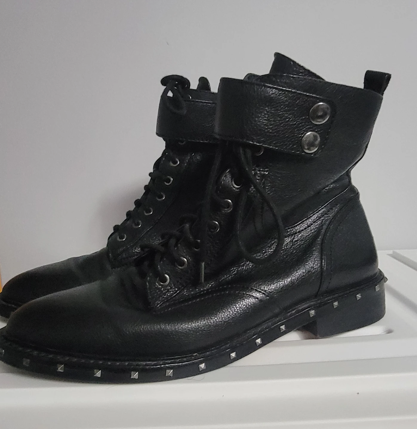 Vince Camuto Black Leather Studded Combat Boots
