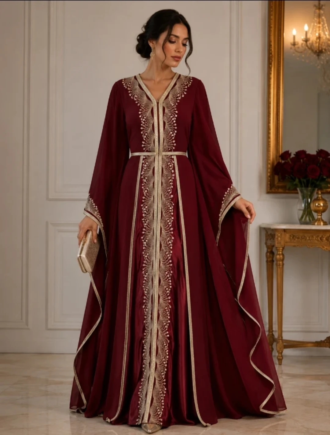 Maroon Kaftan Dress with Gold Embroidery