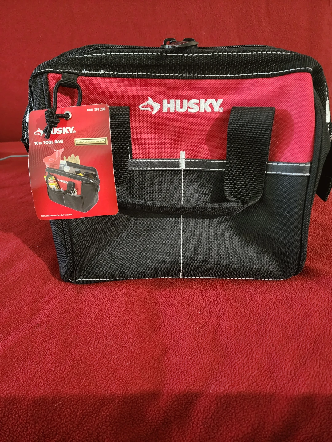 Husky 10-Inch 4 Pocket Zippered Red and Black Tool Bag