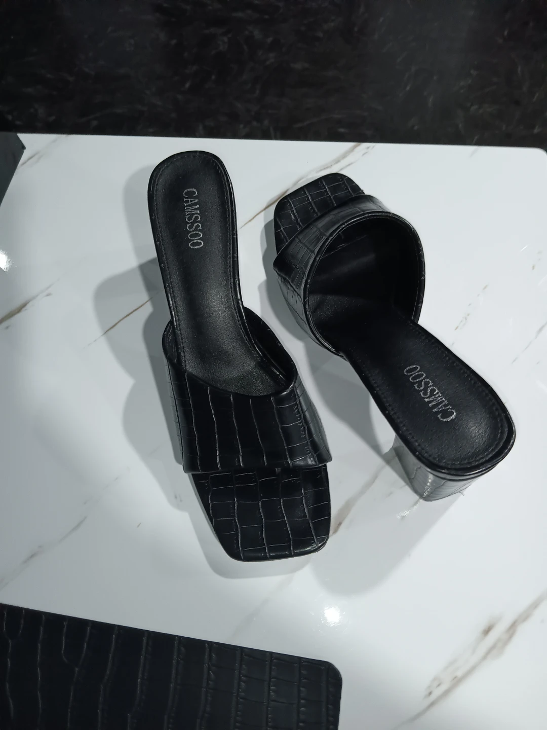 CAMSSCO Black Croc Embossed Square Toe Mules Heels