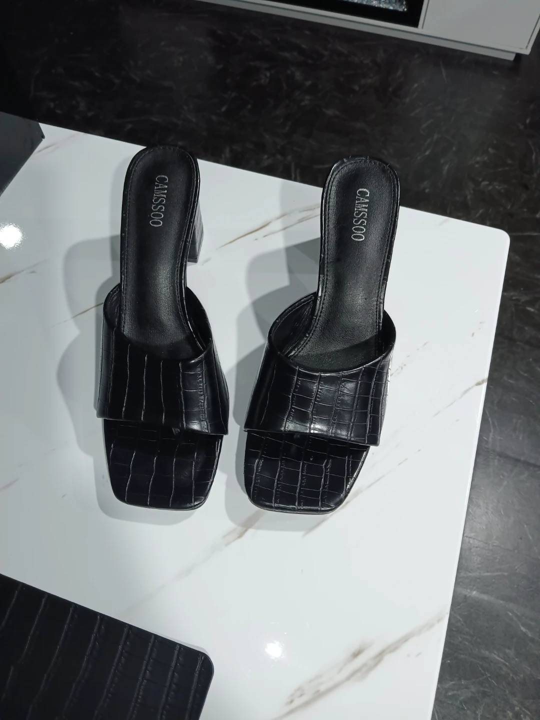 CAMSSCO Black Croc Embossed Square Toe Mules Heels - photo 2