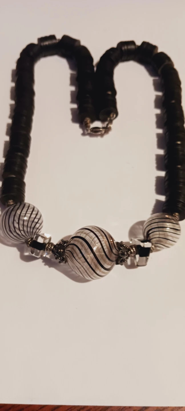 Black & White  Handblown Striped  Art Glass Beaded Necklace - photo 2