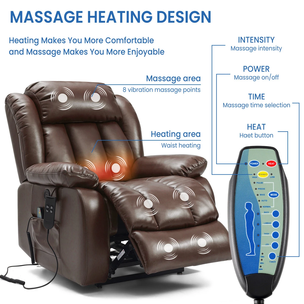 Brown Faux Leather Recliner Chair with Heat and Massage - photo 2