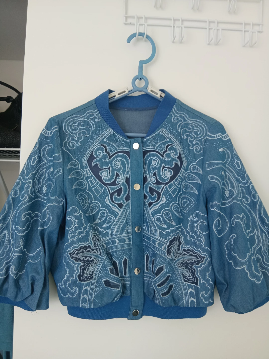Blue Embroidered Bomber Jacket