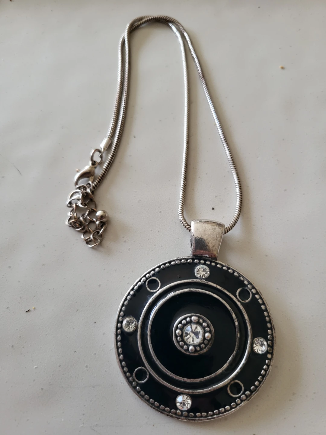 Silver Tone Black Round Pendant Necklace with Crystals - photo 2