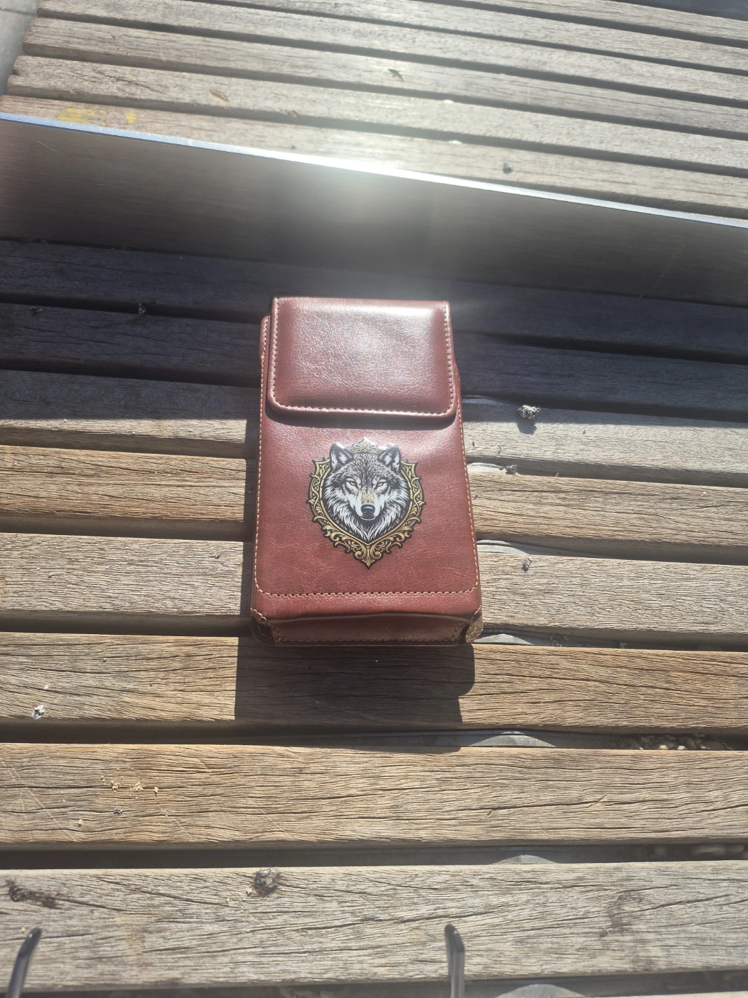 Brown Leather Pouch with Wolf Emblem - Belt Clip