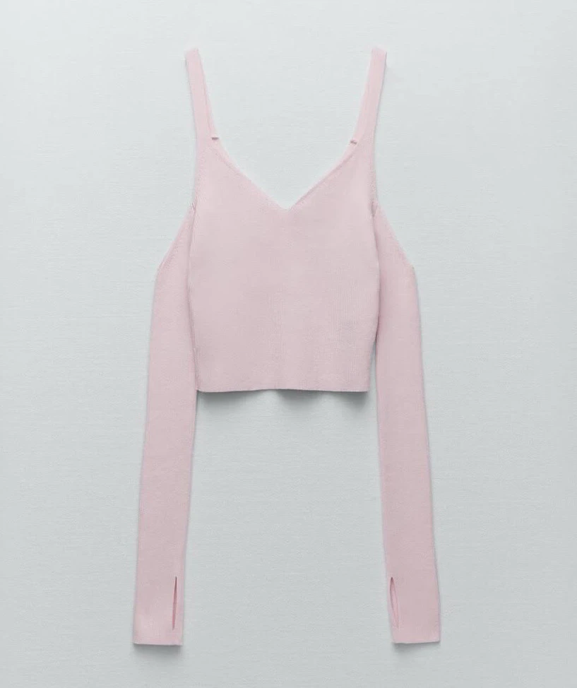 Zara Pink Ribbed Knit V-Neck Top with Straps - photo 2