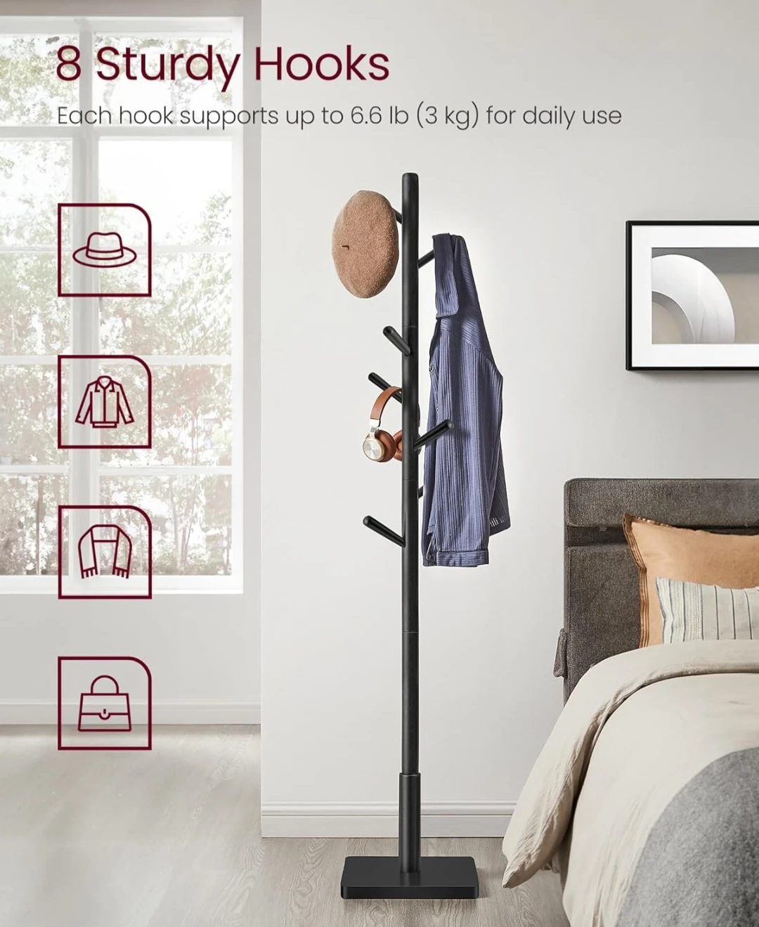 Black Coat Rack with 8 Sturdy Hooks