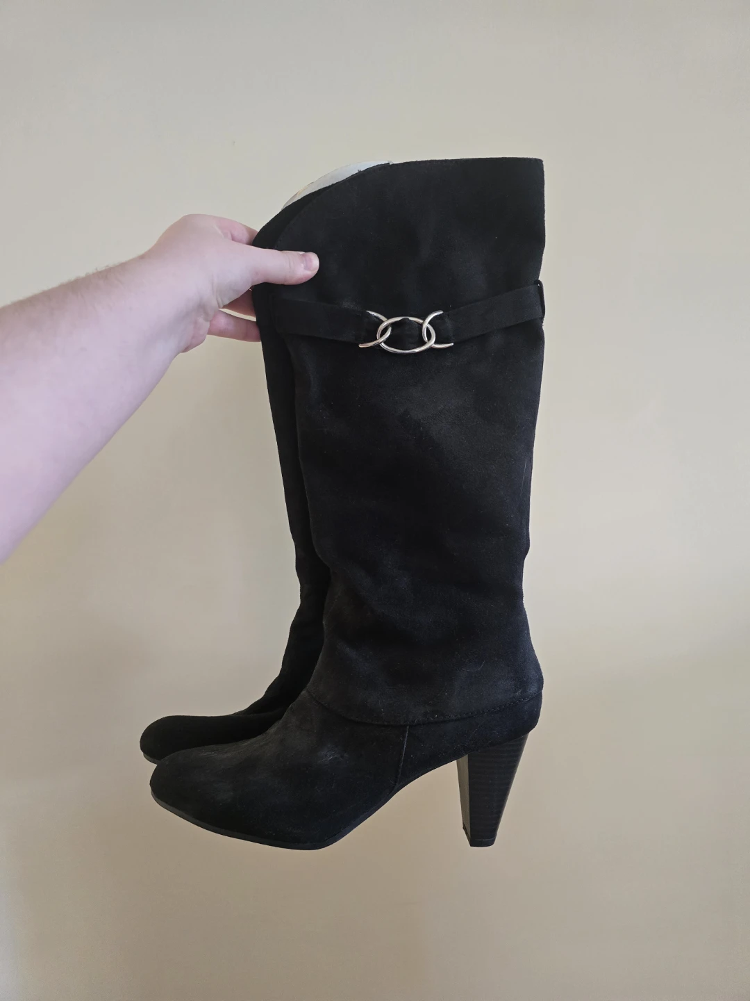 Black Suede Knee-High Boots with Silver Buckle Detail