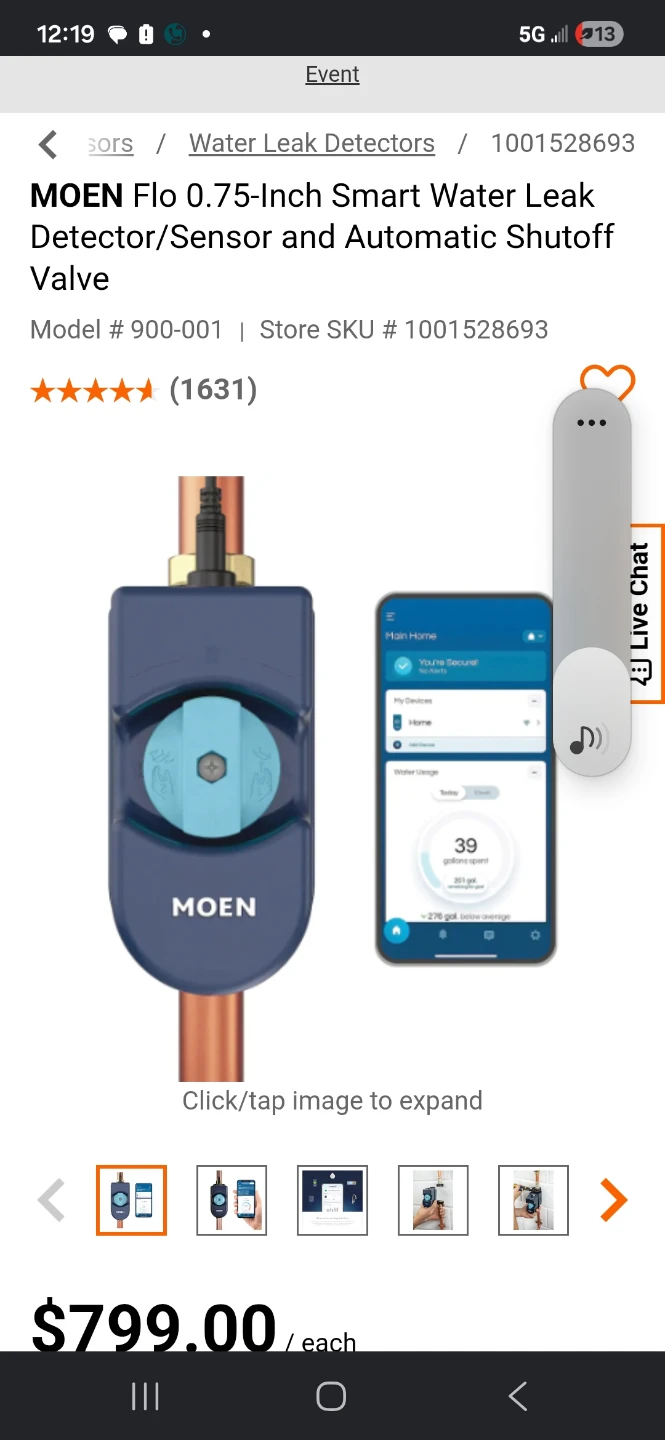 Moen Flo 0.75-Inch Smart Water Leak Detector and Shutoff Valve