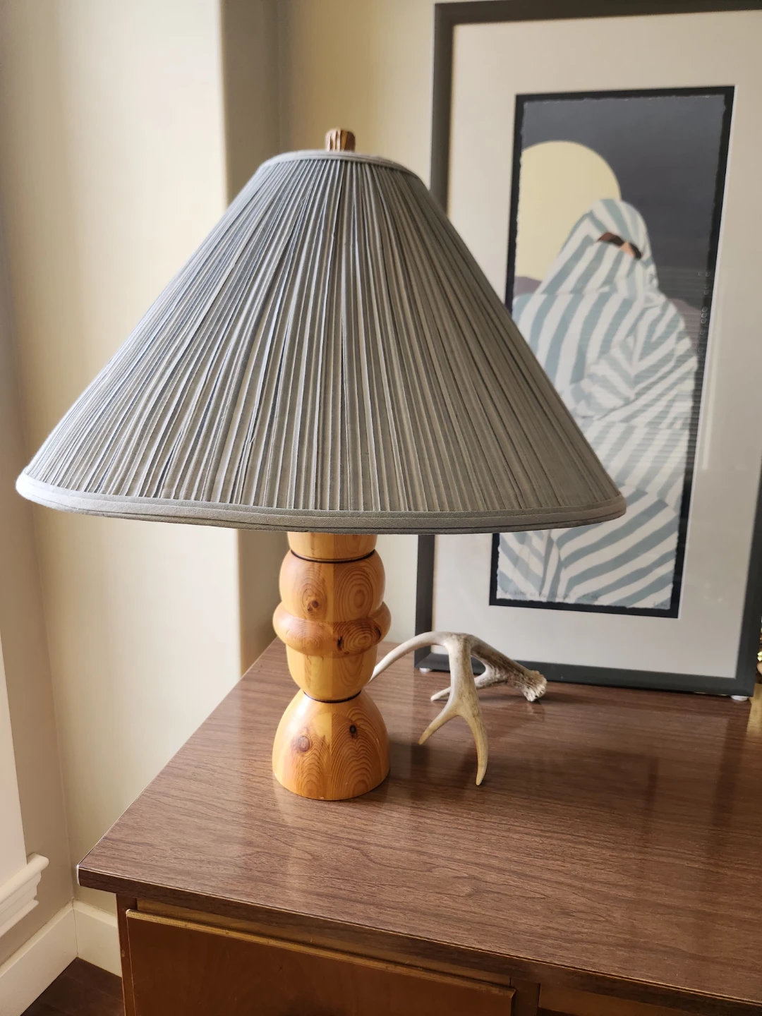 Hand made Wooden Table Lamp with blue Pleated Shade