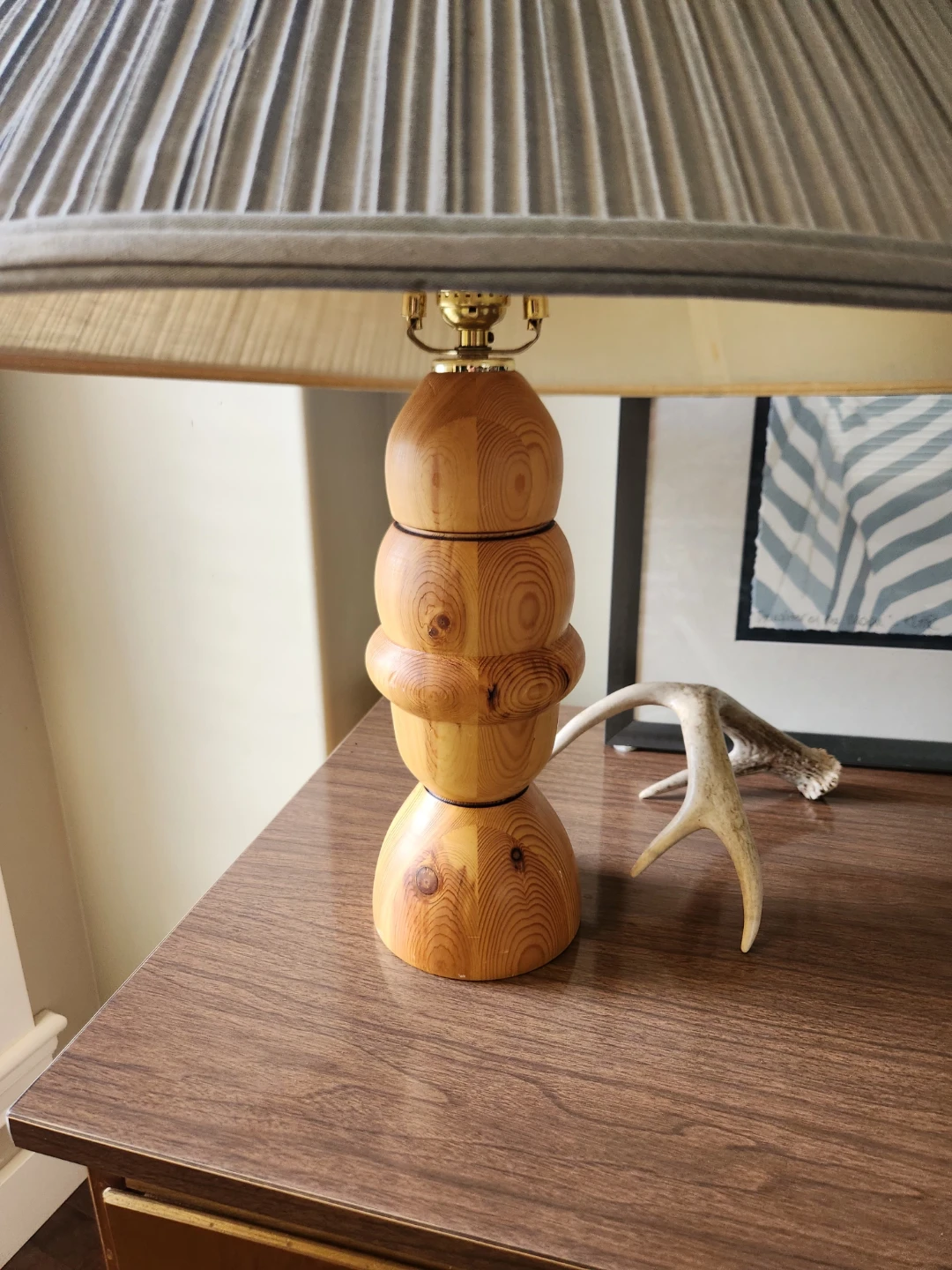 Hand made Wooden Table Lamp with blue Pleated Shade - photo 2
