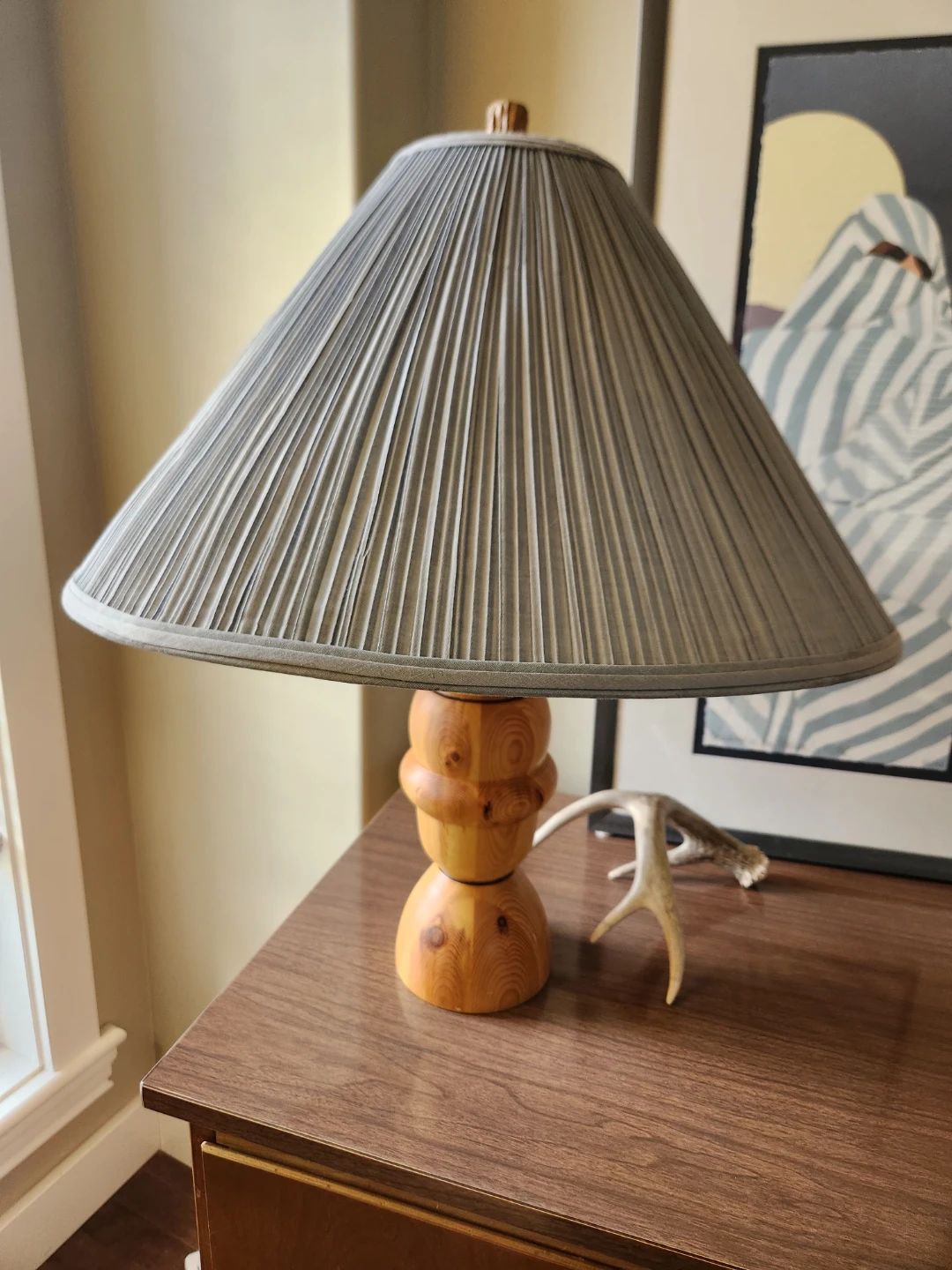 Hand made Wooden Table Lamp with blue Pleated Shade - photo 3