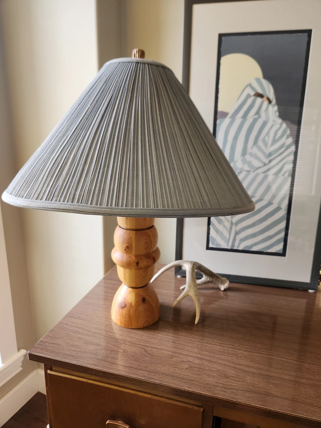 Hand made Wooden Table Lamp with blue Pleated Shade - photo 4