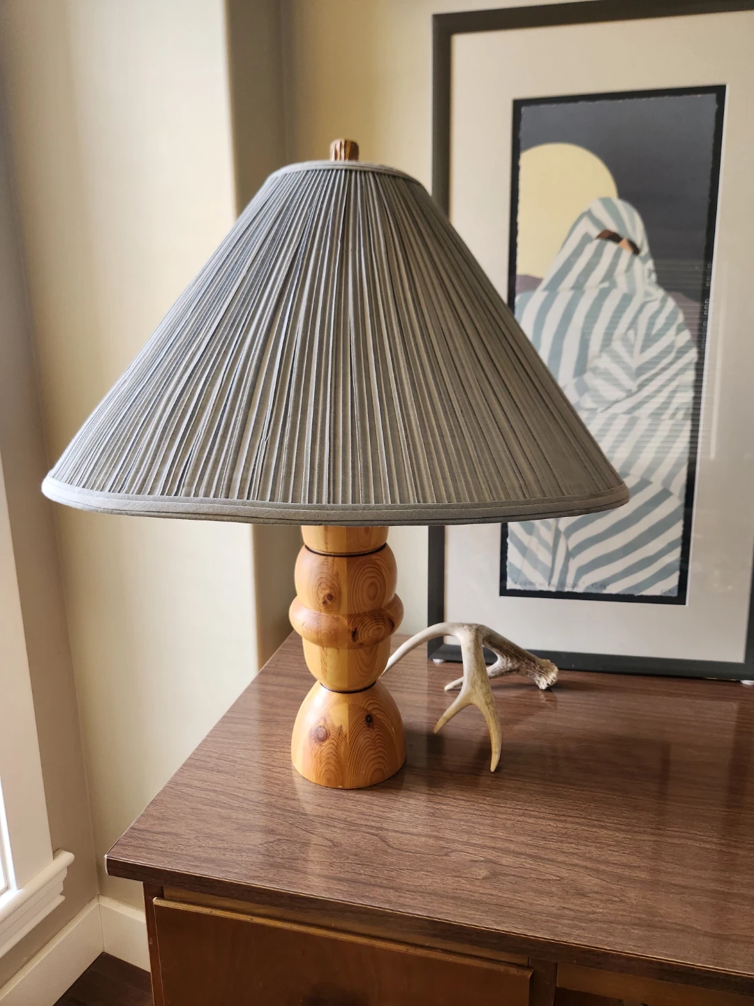 Hand made Wooden Table Lamp with blue Pleated Shade - photo 5