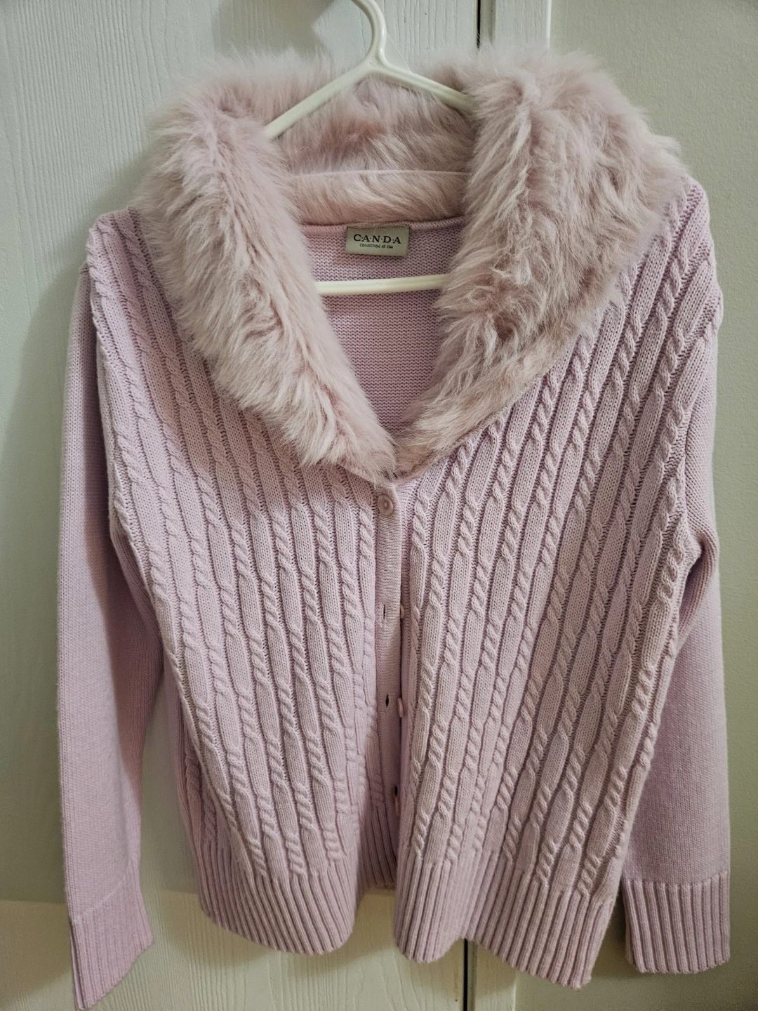 Canda Pink Cable Knit Cardigan with Faux Fur Collar - photo 2