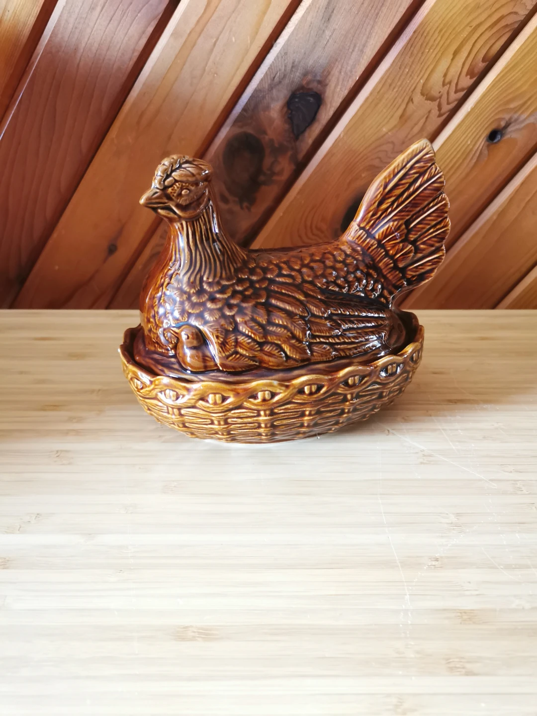 Vintage Brown Glazed Pottery Hen on Nest Covered Dish - photo 4