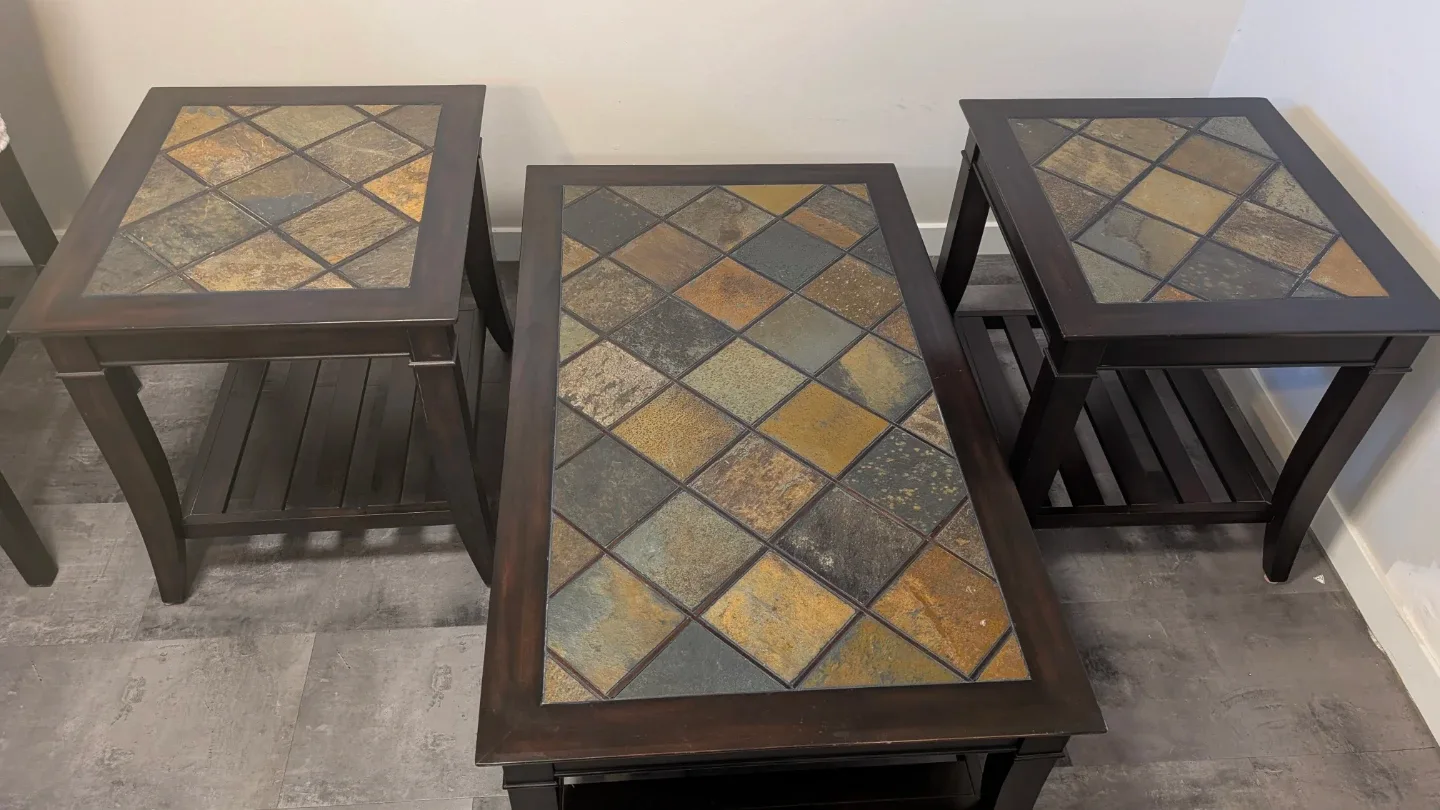 Set of 3 Dark Wood Side Tables with Tile Inlay