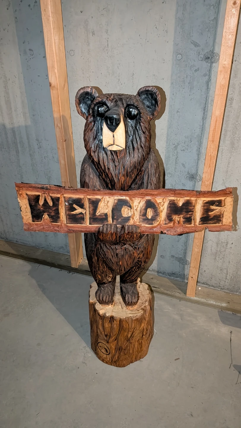 Real wood Hand Carved Wooden Bear "Welcome" Sign - photo 2