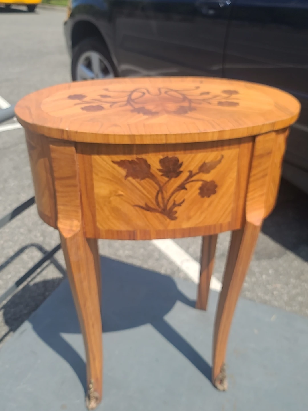 Vintage Inlaid Wood Oval Table with Drawers - photo 2