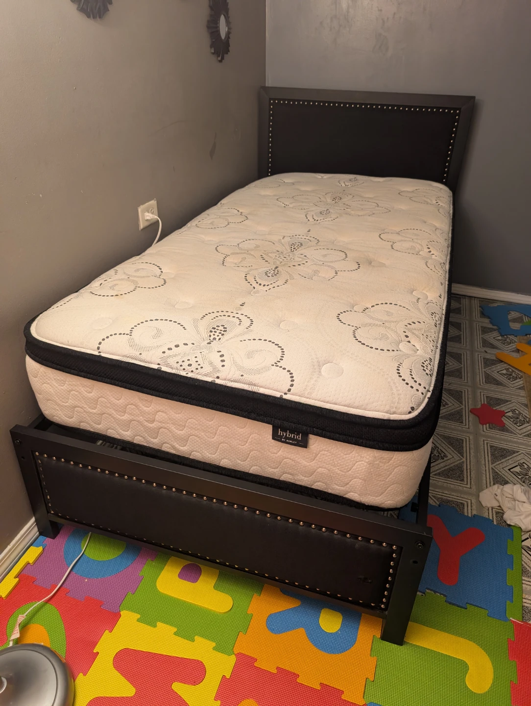 Twin Hybrid Mattress with Black Upholstered Bed Frame