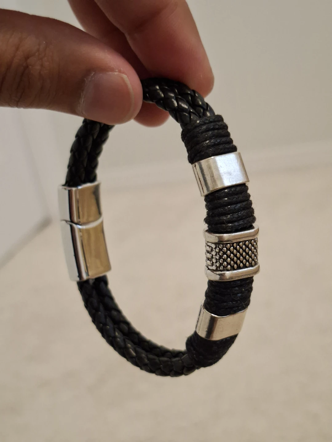 Men's Black Braided Leather Bracelet with Silver Accents