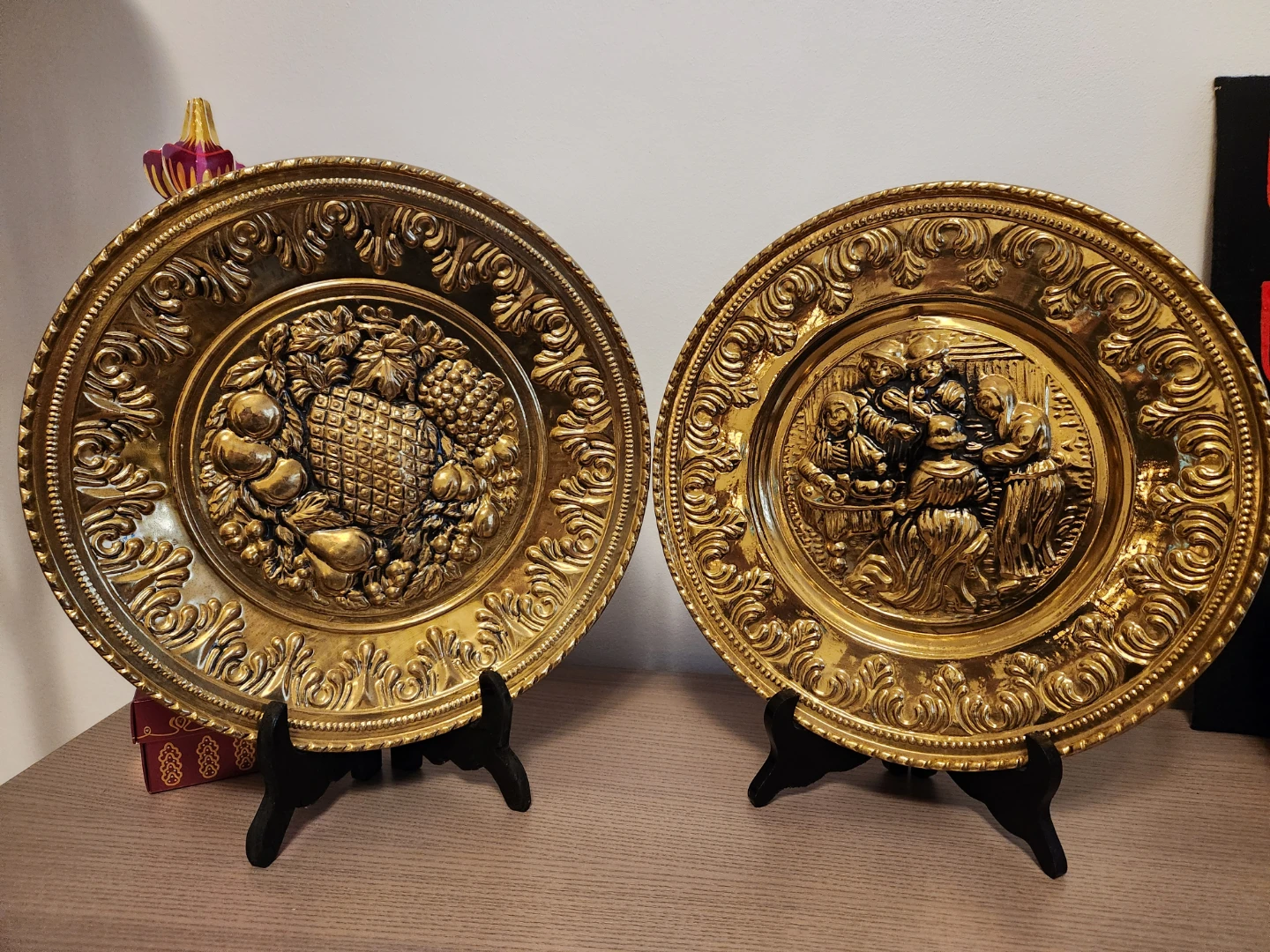 Vintage Brass Decorative Plates with Embossed Designs