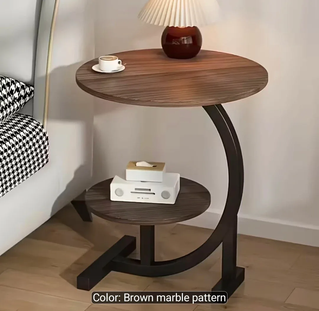 Round C-Shaped Side Table - Brown Marble Pattern
