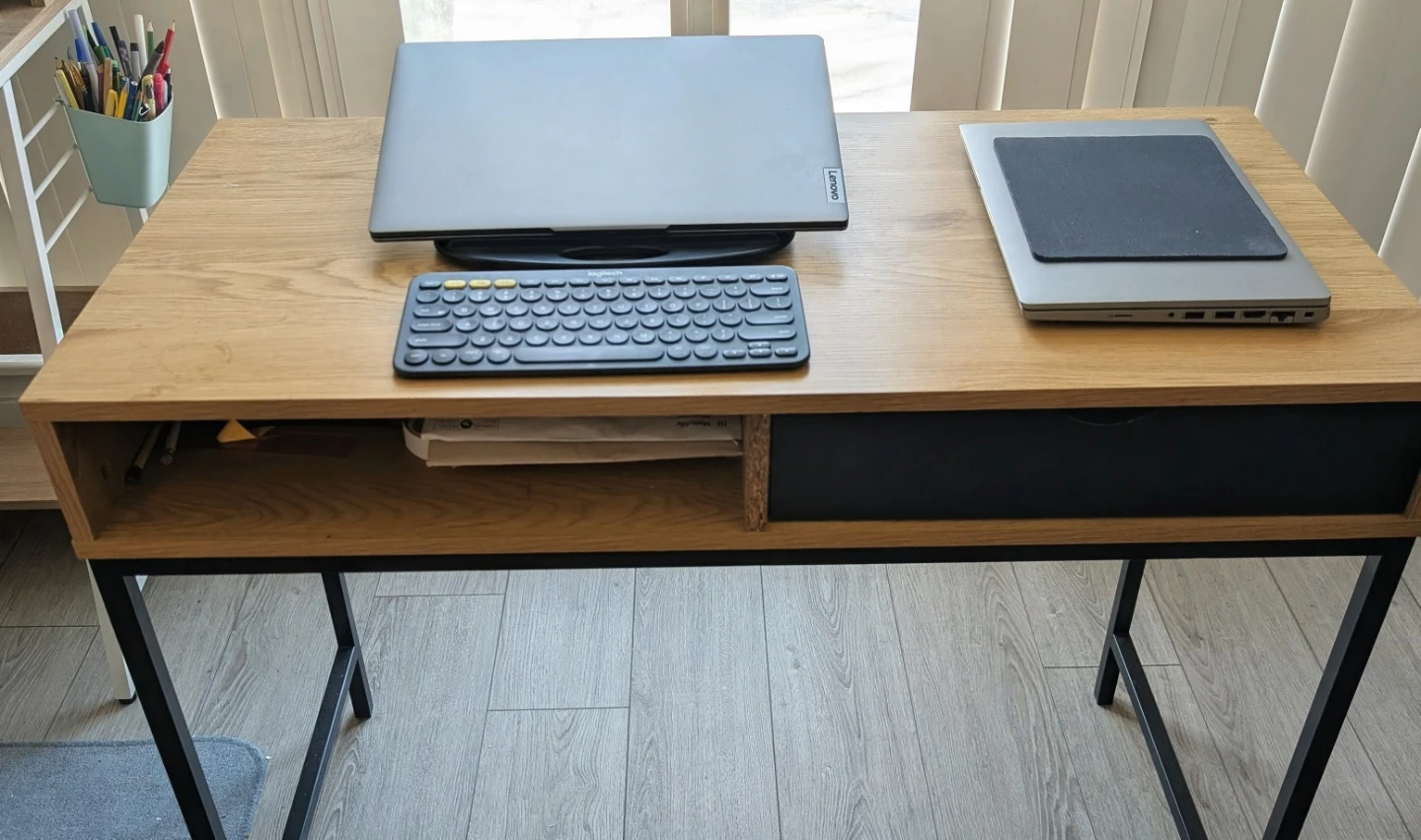 Modern Oak and Black Desk with Drawer - photo 2