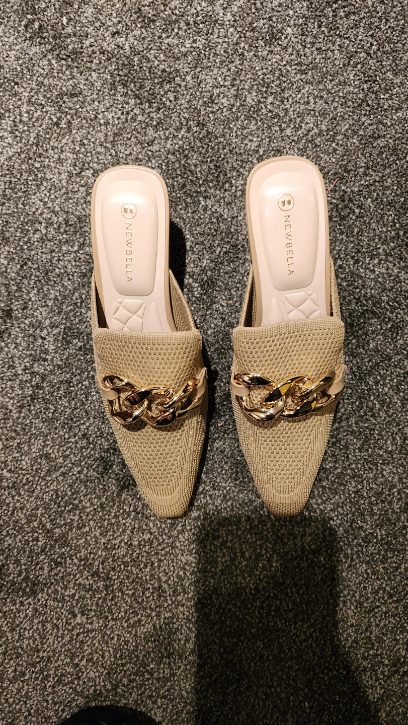 NEWBELLA Women's Beige Chain Detail Mule Heels - Size 5
