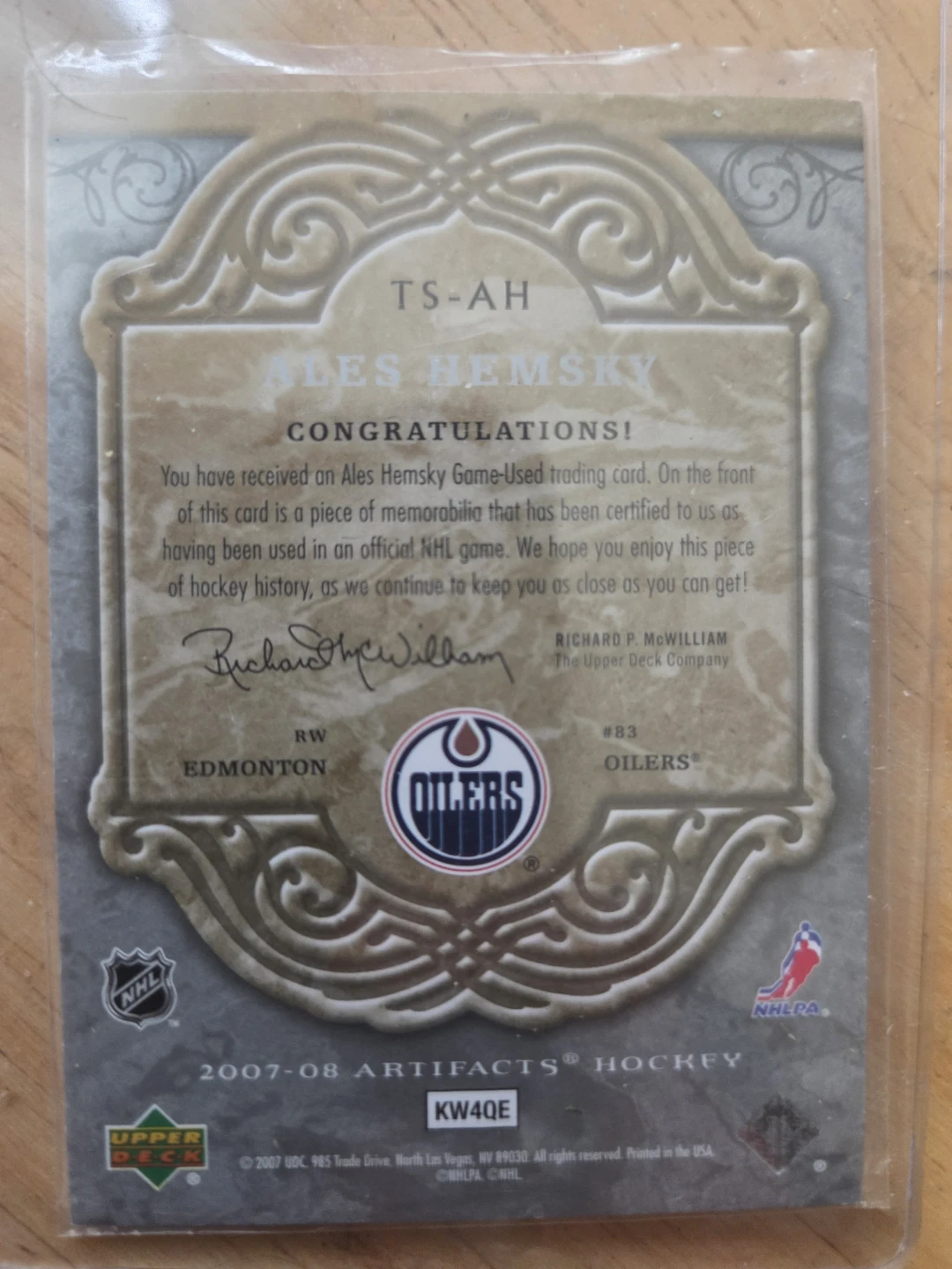 Ales Hemsky 2007-08 Upper Deck Artifacts Game Used Jersey Card - photo 2