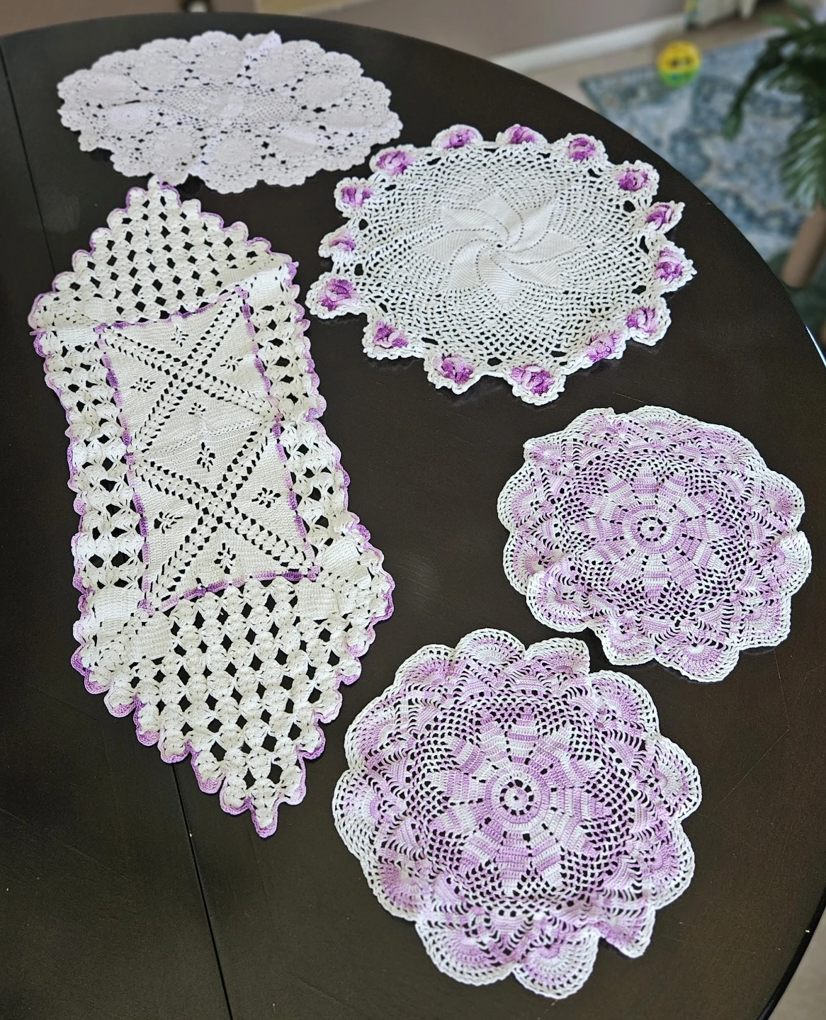Vintage White & Purple Doilies/Table Centre Pieces