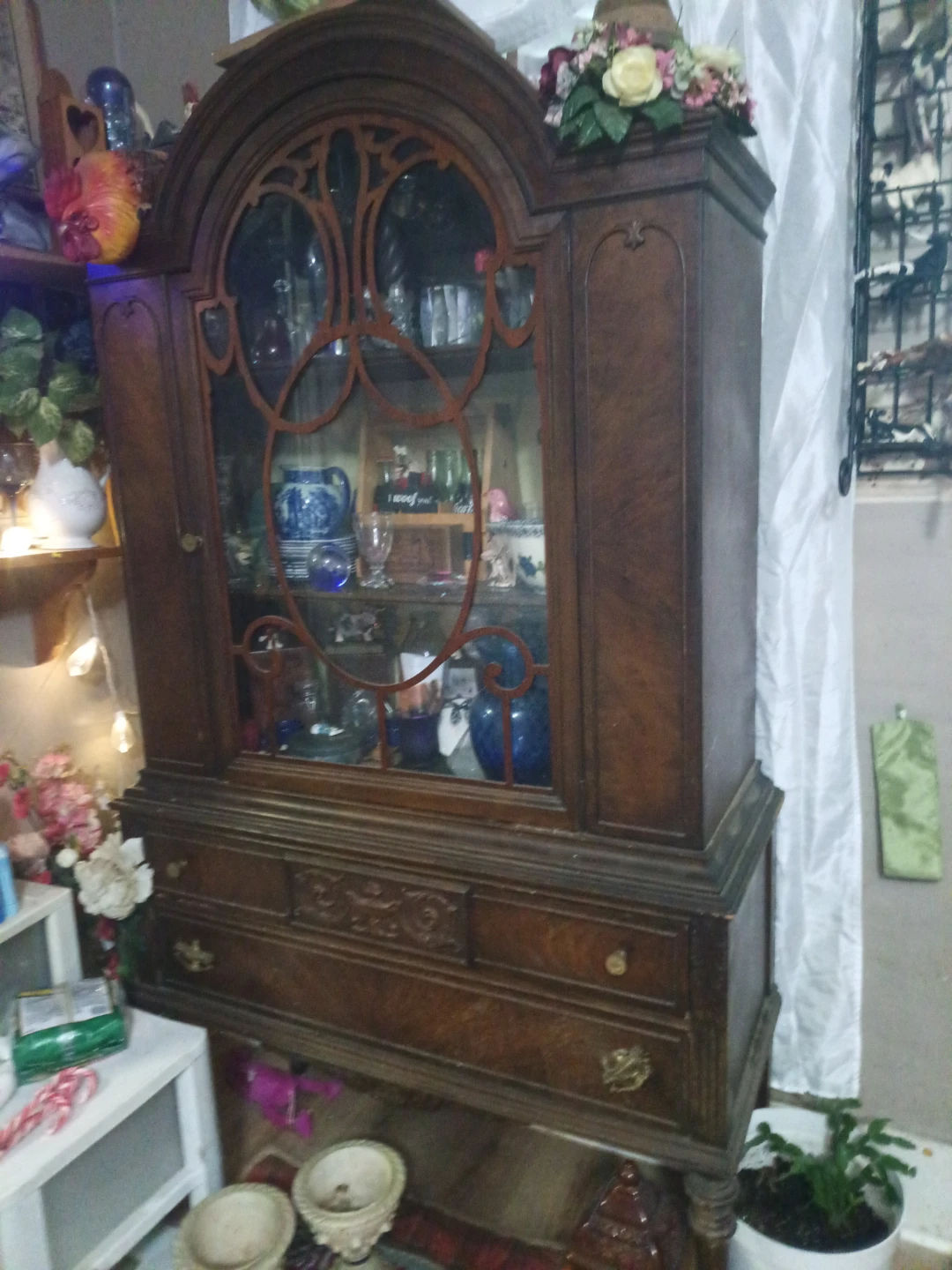 Antique Wood Display Cabinet with Glass Doors and Drawers