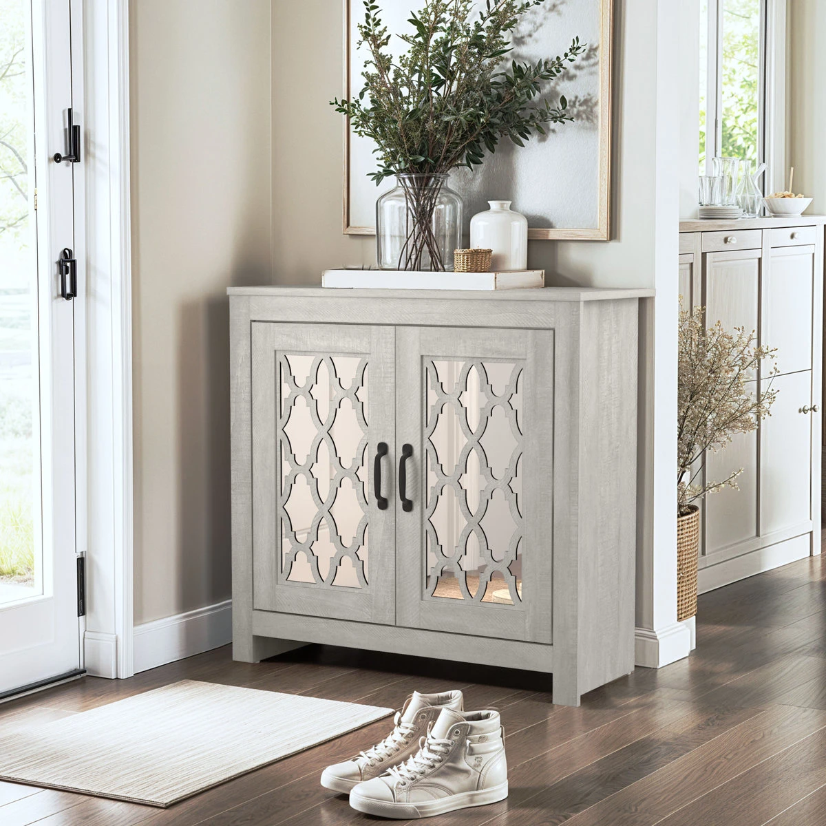Shoe Storage Cabinet – Dusty Gray Oak – Mirrored Doors